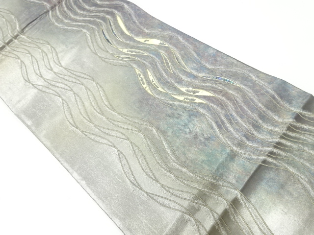 JAPANESE KIMONO / ANTIQUE FUKURO OBI / SILK / SHELL INLAY / WAVY STRIPE / ARTISAN WORK